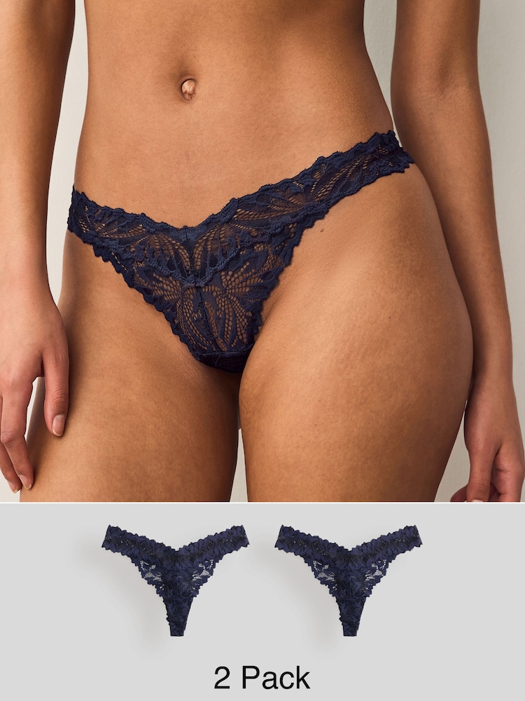 Navy Thong Ultimate Comfort Lace Knickers 2 Pack - Image 1 of 8