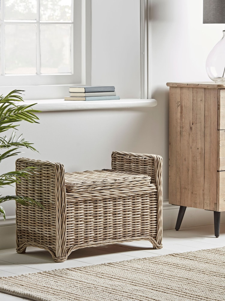 Cox & Cox Natural Round Rattan Small Storage Basket Bench - Image 1 of 6