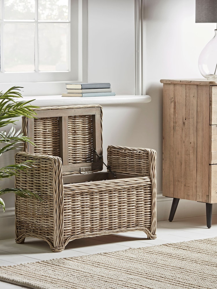 Cox & Cox Natural Round Rattan Small Storage Basket Bench - Image 2 of 6