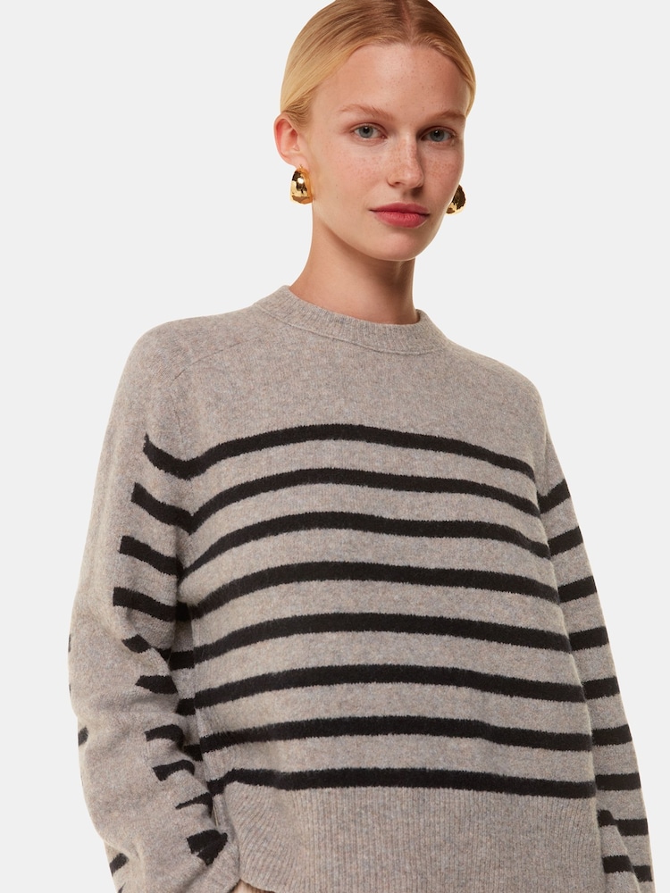 Whistles Natural Wool Mix Stripe Contrast Knit Jumper - Image 1 of 5
