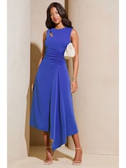 Lipsy Cobalt Blue Sleeveless Ruched Front Asymmetricalmetrical Midi Dress - Image 1 of 4