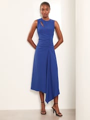Lipsy Blue Petite Sleeveless Ruched Front Asymmetricalmetrical Midi Dress - Image 1 of 4