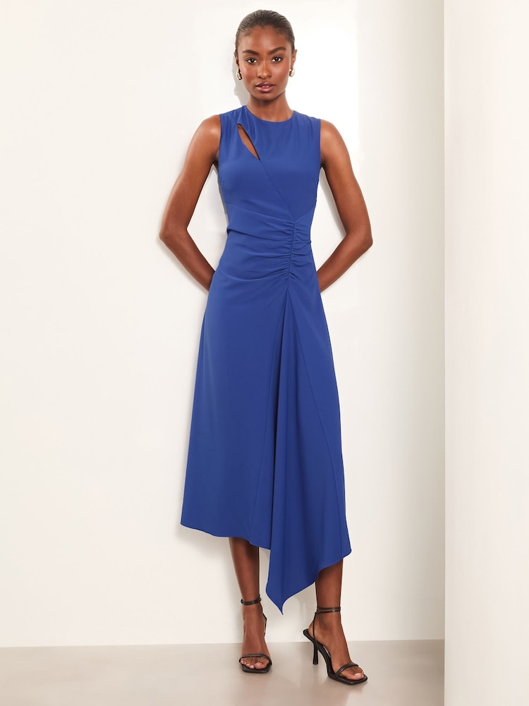 Lipsy Blue Petite Sleeveless Ruched Front Asymmetricalmetrical Midi Dress - Image 1 of 4 Lipsy Blue Petite Sleeveless Ruched Front Asymmetricalmetrical Midi Dress - Image 1 of 4
