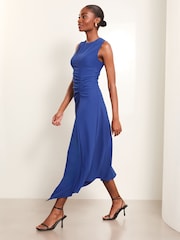 Lipsy Blue Petite Sleeveless Ruched Front Asymmetricalmetrical Midi Dress - Image 3 of 4