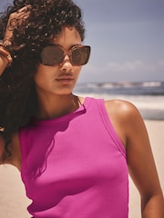 Bright Pink Ribbed Racer Tank Vest Sleeveless Top - Image 1 of 7