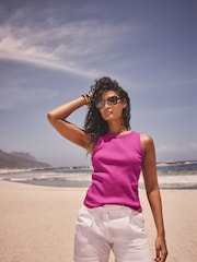 Bright Pink Ribbed Racer Tank Vest Sleeveless Top - Image 2 of 7