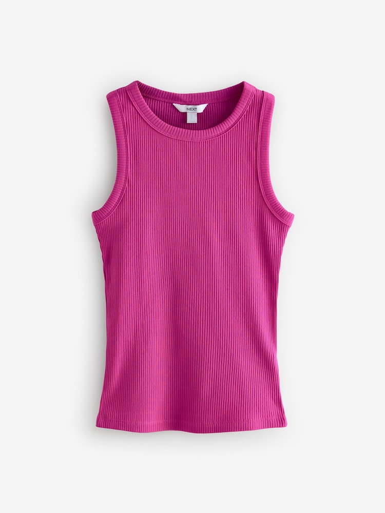 Bright Pink Ribbed Racer Tank Vest Sleeveless Top - Image 5 of 7
