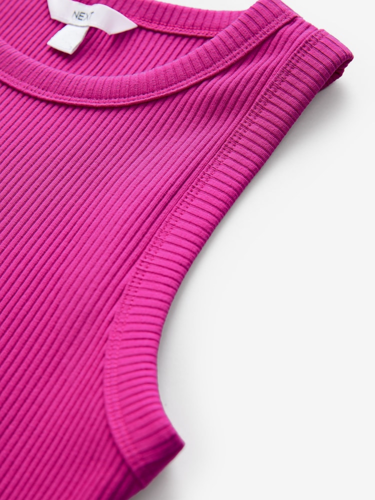 Bright Pink Ribbed Racer Tank Vest Sleeveless Top - Image 6 of 7
