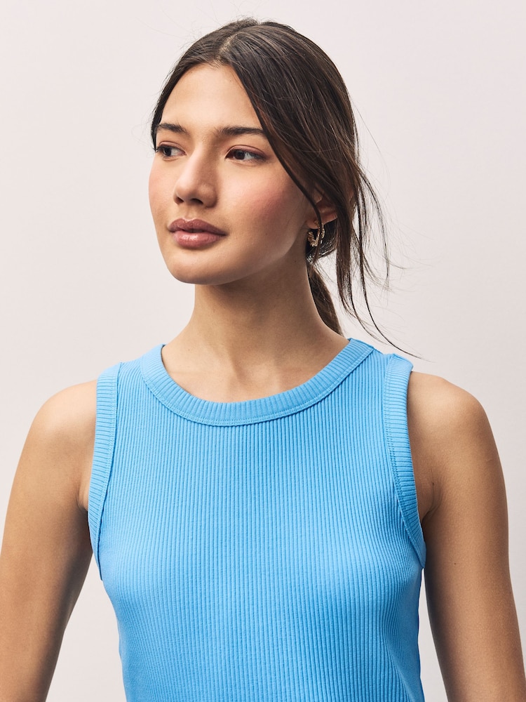 Blue Ribbed Racer Tank Vest Sleeveless Top - Image 3 of 6