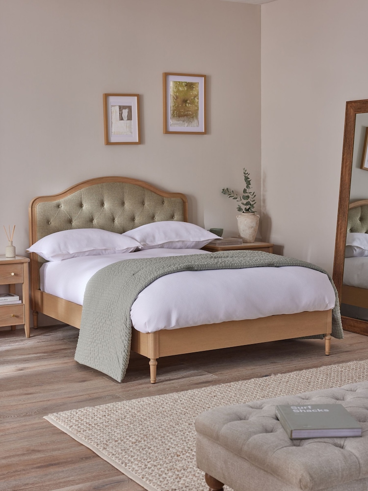 Brushed Weave Light Olive Green Rose Wood Upholstered Bed Frame - Image 1 of 7