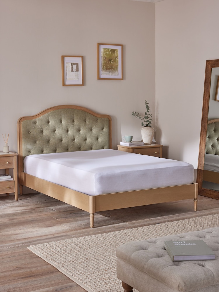 Brushed Weave Light Olive Green Rose Wood Upholstered Bed Frame - Image 2 of 7