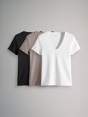 The Set lot de 3 t-shirts côtelés Col en V Manches - Image 1 of 6