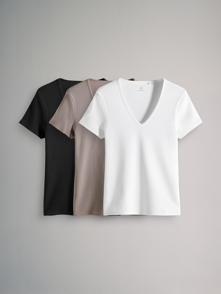 The Set 3 Pack Ribbed V-Neck Short Sleeved T-Shirts - Imagen 1 de 6 The Set 3 Pack Ribbed V-Neck Short Sleeved T-Shirts - Imagen 1 de 6