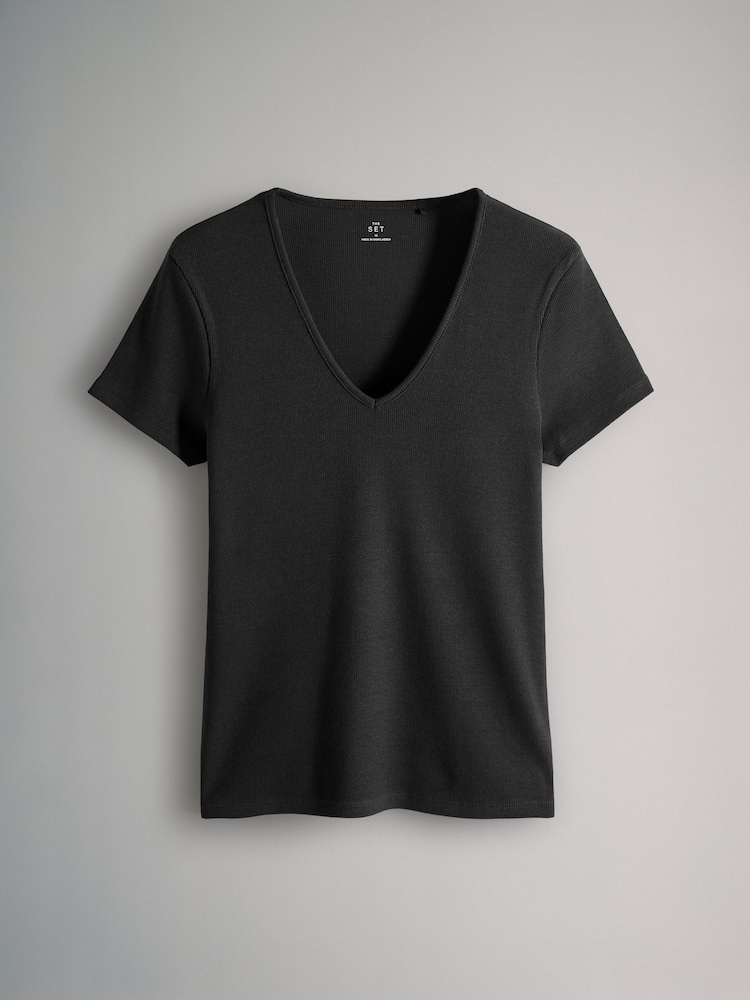 The Set lot de 3 t-shirts côtelés Col en V Manches - Image 3 of 6