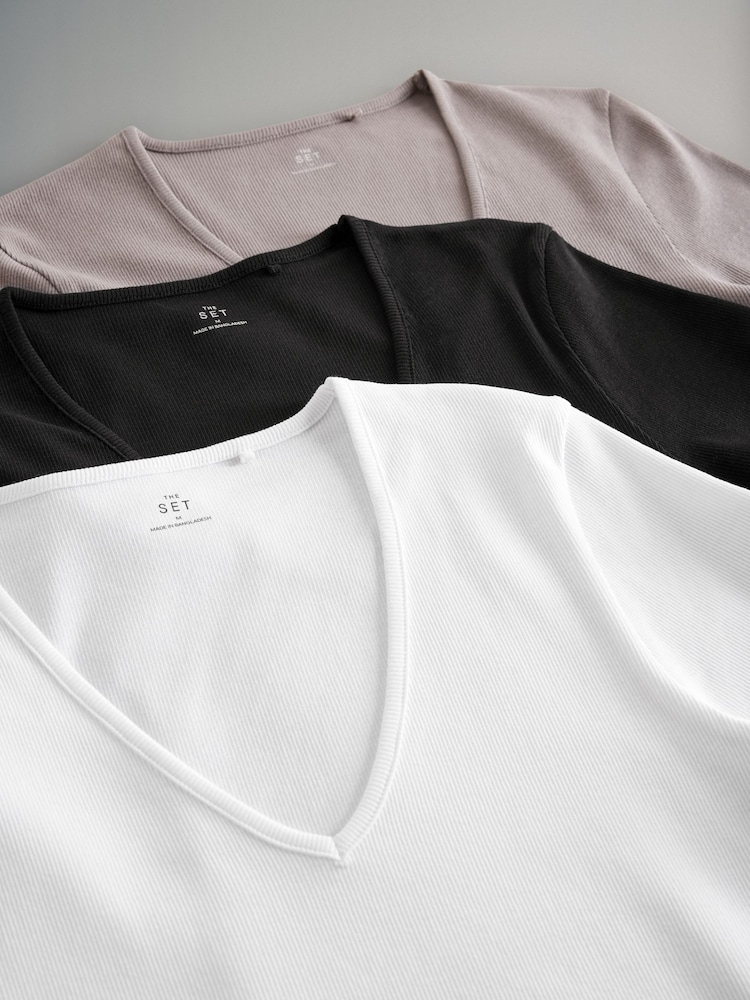 The Set lot de 3 t-shirts côtelés Col en V Manches - Image 5 of 6