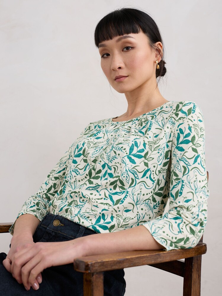 Seasalt Cornwall Green Appletree 3/4 Sleeve Top - Image 1 of 5 Seasalt Cornwall Green Appletree 3/4 Sleeve Top - Image 1 of 5