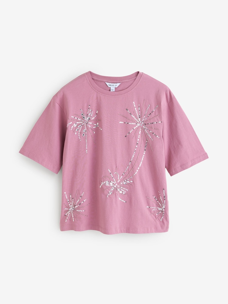 Pink Sequin Short Sleeves 100% Cotton T-Shirt - Image 1 of 2