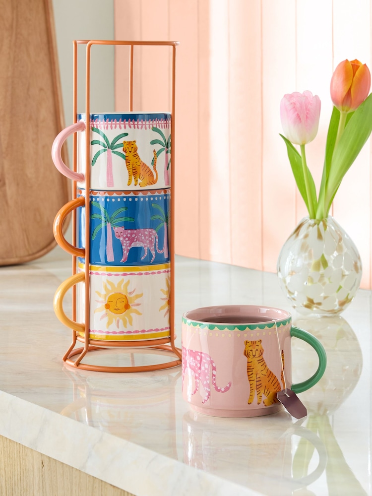 Set of 4 Multi Cassia Tropical Leopard Stacking Mugs - Image 2 of 5