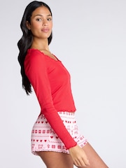 Boux Avenue Red Rib Christmas Bear Fairisle Pattern Long Sleeve Top And Shorts Set - Image 4 of 8