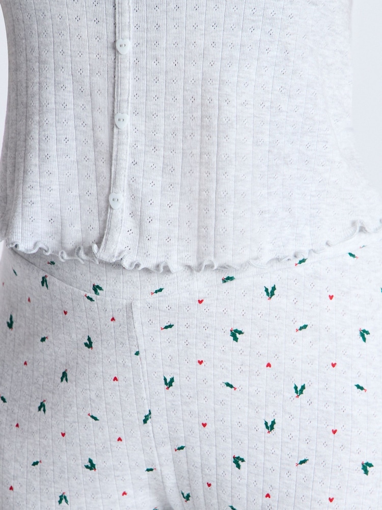 Boux Avenue Grey Pointelle Christmas Holly 100% Cotton T-Shirt and Leggings Pyjamas Set - Image 2 of 5