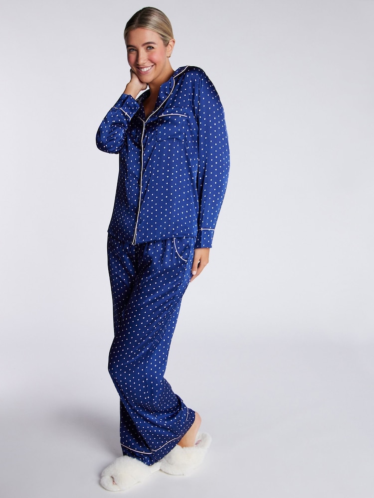 Boux Avenue Blue Luxe Satin Spot Pyjama Set - Image 1 of 5