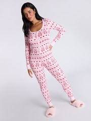 Boux Avenue Pink Rib Christmas Bear Fairisle Pattern Long Sleeve All-In-One - Image 2 of 5