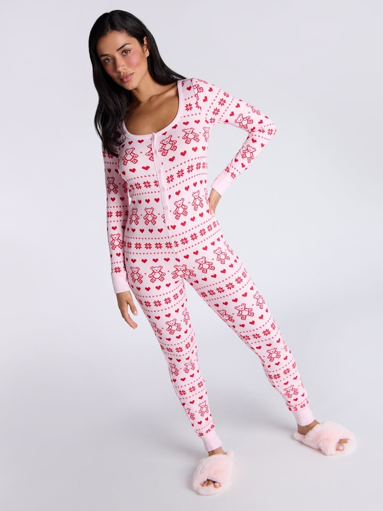 Boux Avenue Pink Rib Christmas Bear Fairisle Pattern Long Sleeve All-In-One - Image 2 of 5