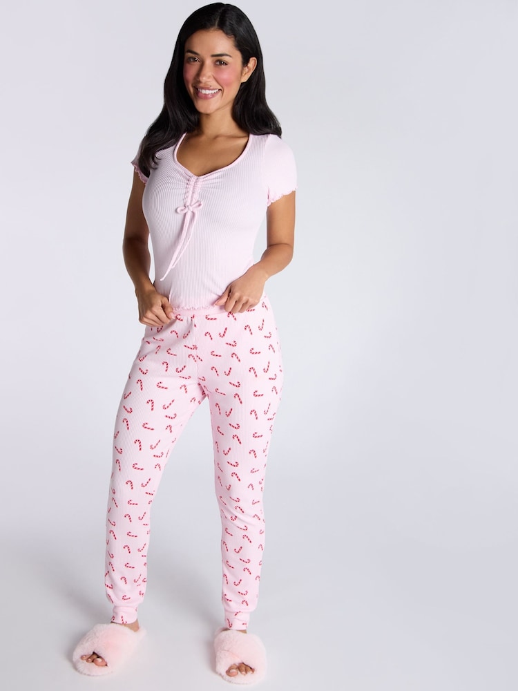 Boux Avenue Rib Christmas Candy Cane T-Shirt and Pyjamas Set - Image 1 of 5