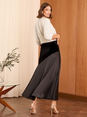 Love & Roses Black Satin Velvet Contrast Midi Slip Skirt - Image 2 of 4