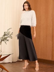 Love & Roses Black Satin Velvet Contrast Midi Slip Skirt - Image 3 of 4