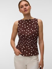 VERO MODA Brown Sleeveless Smock Detail Polka Dot Top - Image 1 of 5