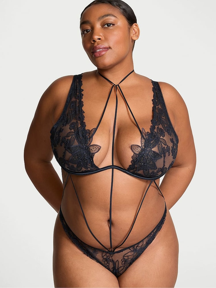 Victoria's Secret Dark Twilight Blue Ziggy Neck Tie Cut Out Bodysuit - Image 1 of 3