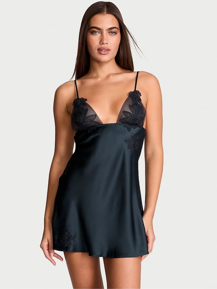Victoria's Secret Dark Twilight Blue Ziggy Embellished Triangle Mini Slip Dress - Image 1 of 4