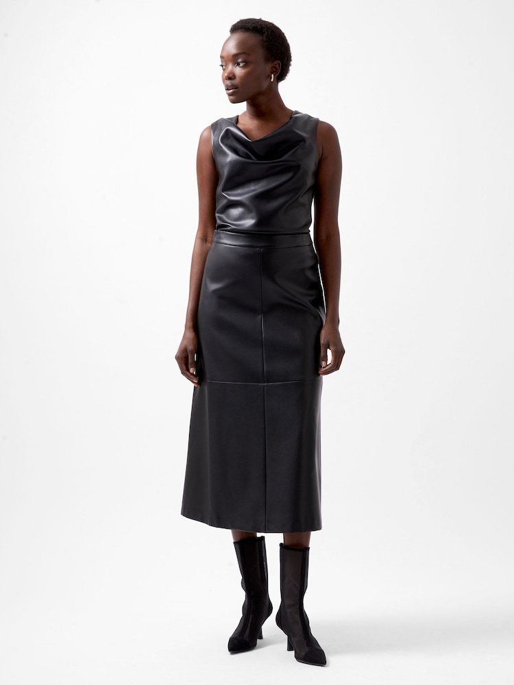 French Connection Black PU Crolenda Midi Skirt - Image 1 of 4