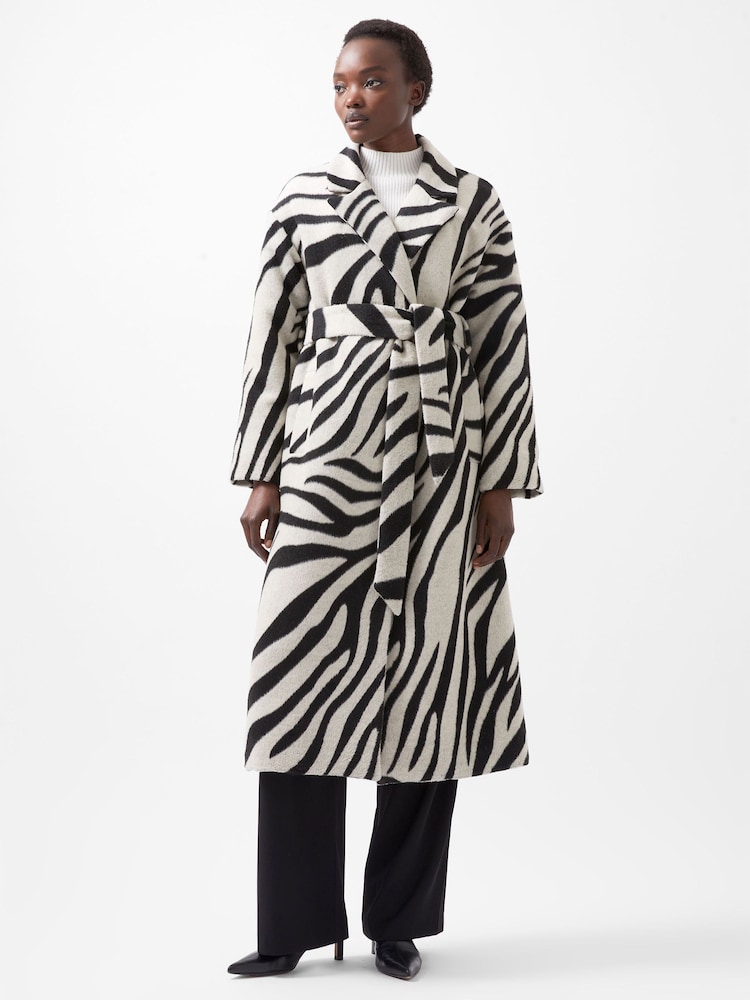French Connection Black Zebra Grace Belted Coat - Image 1 of 4
