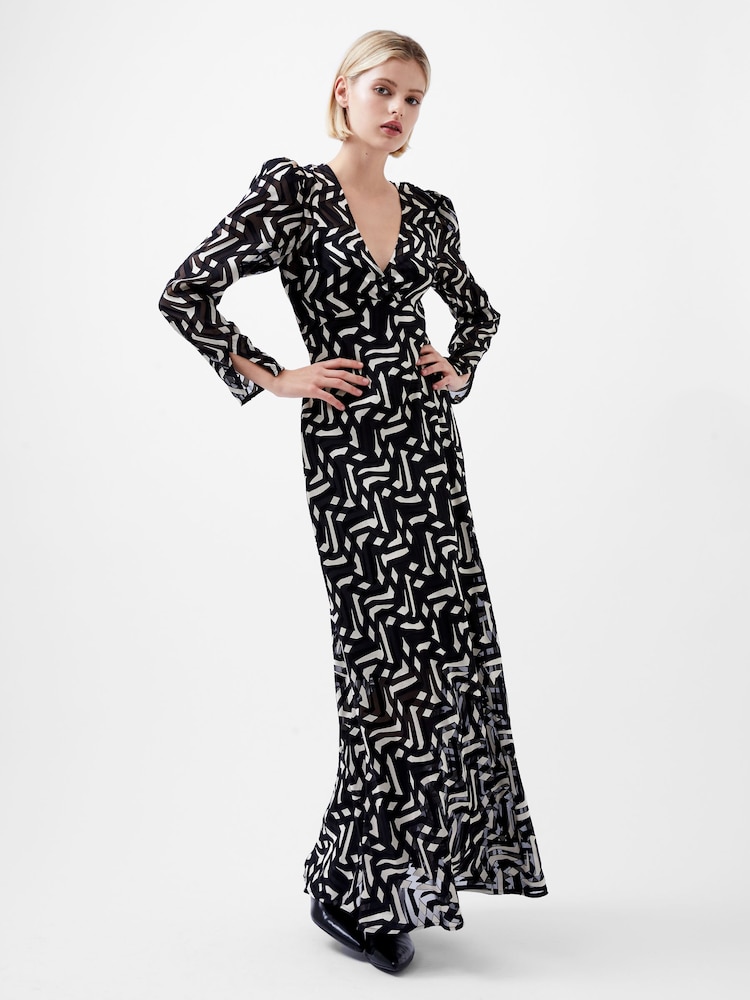 French Connection Black Satin Diandra Burnout Dress - Image 1 of 4