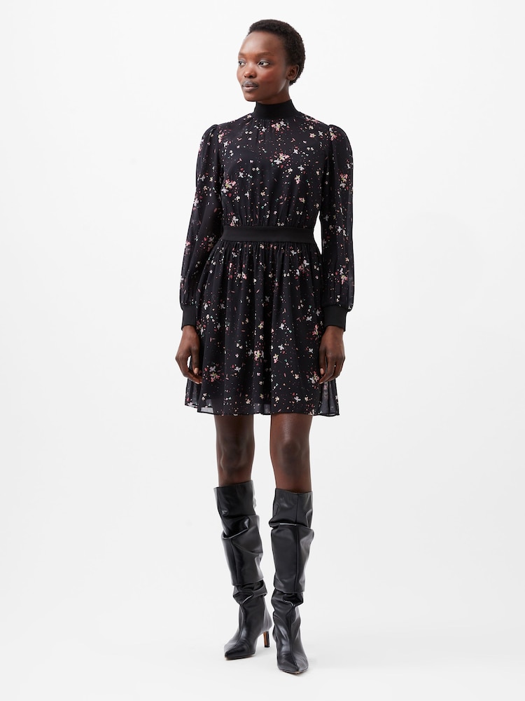 French Connection Black Georgette Carina High Neck Dress - Image 1 of 4