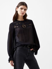 French Connection Black Chiffon Lace Emina Blouse - Image 3 of 4