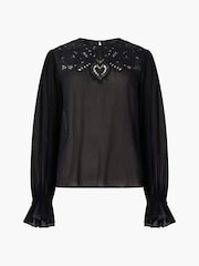French Connection Black Chiffon Lace Emina Blouse - Image 4 of 4