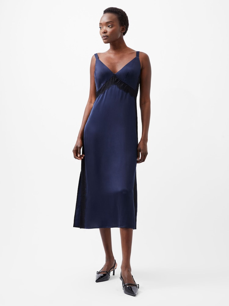 French Connection Blue Ennis Satin Lace Maxi Dress - Image 1 of 4