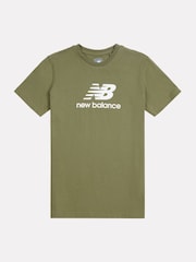 New Balance Khaki Green Kids Jersey Stacked 100% Cotton Logo T-Shirt - Image 1 of 3