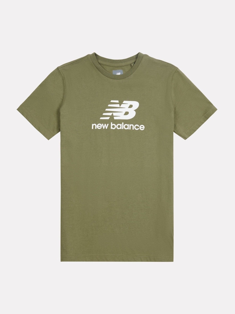 New Balance Khaki Green Kids Jersey Stacked 100% Cotton Logo T-Shirt - Image 1 of 3