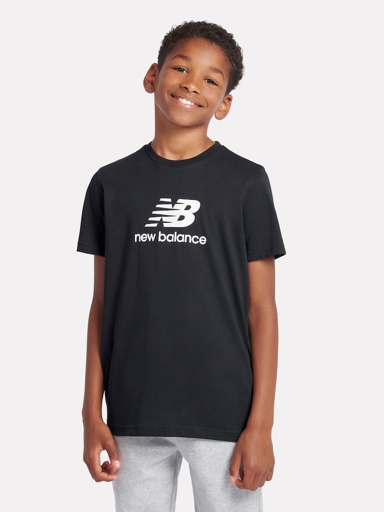 New Balance Black Kids Jersey Stacked 100% Cotton Logo T-Shirt - Image 1 of 9