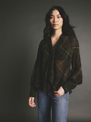 Black Check Tartan Long Sleeve Tie Neck Blouse - Image 1 of 9