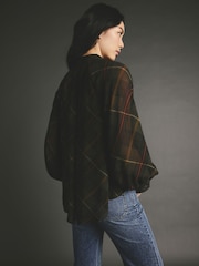 Black Check Tartan Long Sleeve Tie Neck Blouse - Image 3 of 9