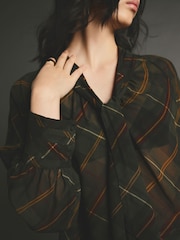 Black Check Tartan Long Sleeve Tie Neck Blouse - Image 6 of 9