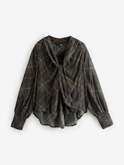 Black Check Tartan Long Sleeve Tie Neck Blouse - Image 7 of 9