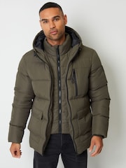 Threadbare Khaki Showerproof Double Layer Puffer Hooded Jacket - Image 1 of 5