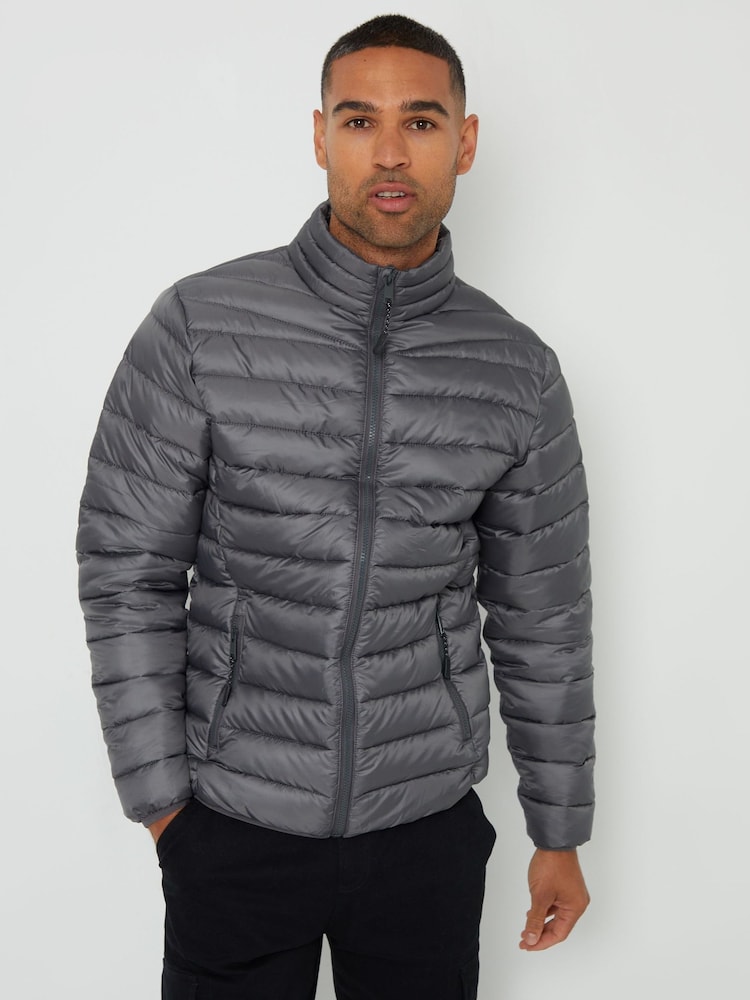 Threadbare Grey Showerproof Matte Finish Padded Funnel Neck Jacket - Image 2 of 4