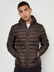 Threadbare Brown Matte Finish Padded Showerproof Hooded Jacket - Image 1 of 4